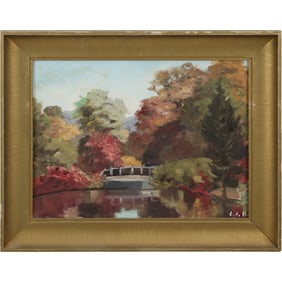 Signed L.F.B., Vintage Oil on Board Painting, Autumn Lake Landscape, Framed