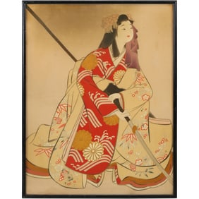 Vintage Lithograph Print of a Samurai Woman Onna-Bugeisha, Female Samurai Warriors of Feudal Japan
