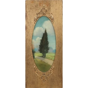 Circa 1910 American Pastel Oval Painting Tree in Landscape, Wide Gold Frame