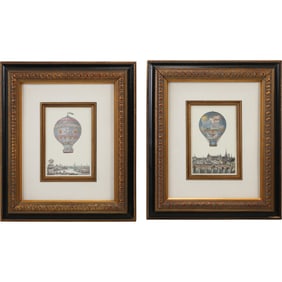 2 Framed Prints: Hot Air Balloons Ascending over a City "Ascension du Sieur Adorne à la Citadelle