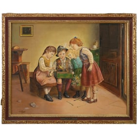 after Edmund Adler framed Chromolithograph “Four Children and a Bird” Signed A Bose