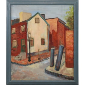 Vintage Oil on Canvas Painting Rural Corner Street Scene