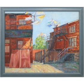 Vintage Oil Painting Urban Homes Backyard, Framed, Unsigned