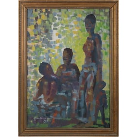 Lettie Gardiner 1966, South African Artist, Pontilism Oil on Board Painting African Family Figures
