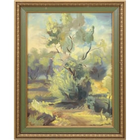 Vintage Impressionism Oil on Board Painting Summer Landscape with Trees, Framed