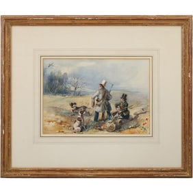 Attributed to Henry Melville, Hunting scene with two men & two dogs in a field, Watercolor Painting
