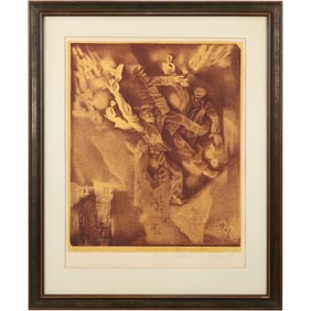Artist Signed Vintage Judaica Lithograph with Figures Jewish History Theme, Framed