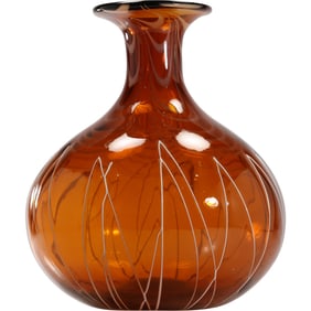 Italian Murano Art Glass Vase Honey Amber with Translucent Drape & White Thin Lines 12 in. height