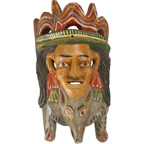Mexican Folk Art Mask, Guerrero, Carved Wood Face and Wolf Head, Hand Painted Multi Colors
