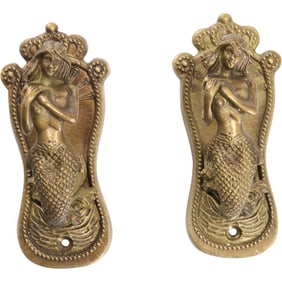 2 Vintage Solid Brass Mermaid Figural Wall Hooks 5 inches x 2 inches