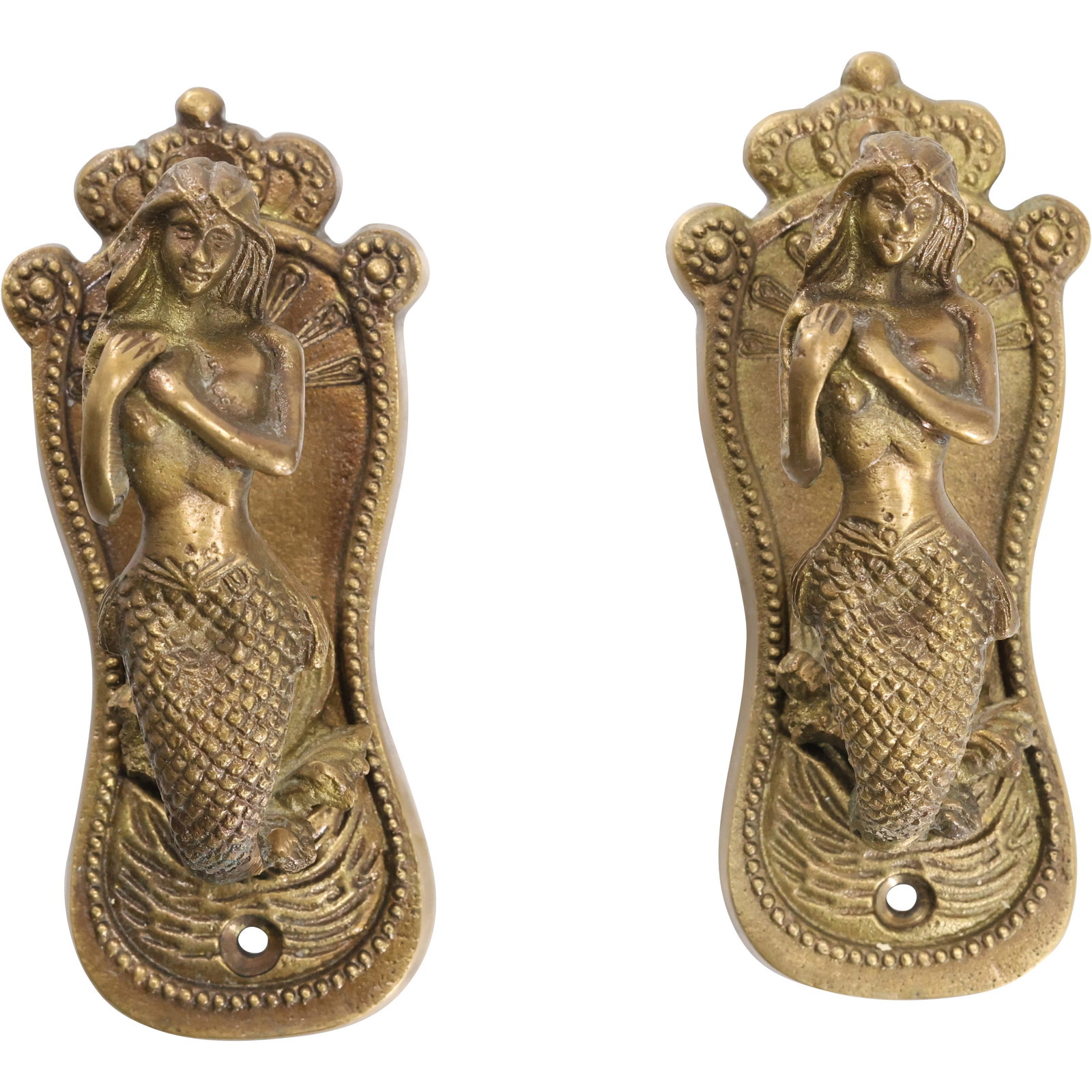 2 Vintage Solid Brass Mermaid Figural Wall Hooks 5 inches x 2 inches (1 of 13)