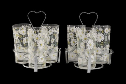 6 Culver Daisy Highball Glasses: 2 Sets of 3 in Chrome Caddy Holders - Barware
