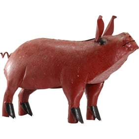 Folk Art Welded Metal Tin RED PIG Figure Statue Sculpture 10 in. height x 14.5 in length