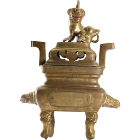 19th C. Chinese bronze censer, also known as an incense burner, Buddhist Lion Final Top, 13.5 in. h.