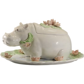 Fitz and Floyd, Ceramic Figural Hippo Tureen with Lid, and Under Tray