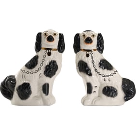 Pair Black and White English Staffordshire Spaniel Mantle Dogs Figures Statues 11.5 in. height