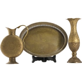 Estate Grouping of 3 Antique Brass Ewer, Serving Tray and Vase - See Pictures