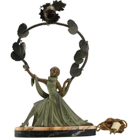 Antique Paris, France, Art Deco Table Lamp Woman Dancer, has French Seal, Cast Metal Spelter