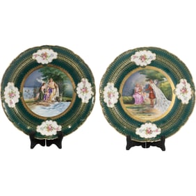 2 Royal Vienna [Blue Bee Hive mark] Austria Fine Porcelain Chargers with Genre Scenes 13.5 in. dia,.