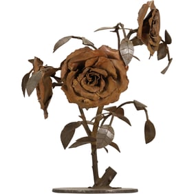 Brutalist Metal Sculpture of a Rose Flower Signed Billkey Kanabut, 13.25 in. height