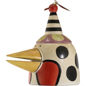 Whimsical Cookie Jar By M Joanne Delomba. Bird with Hat Spinner 11.5 in. height x 11.5 in.