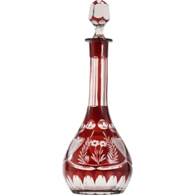 19th C. Bohemian Engraved & Cut Glass Red to Clear Liquor Decanter with Stopper 15.25 in. height