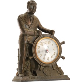 Vintage Cast Metal "FDR Man of The Hour" Figural Clock Franklin D Roosevelt at Ship's Wheel