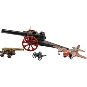 4 Vintage Metal Toys: 3 Assorted Cannons and Cast Iron WWII Bomber Plane - See Pictures