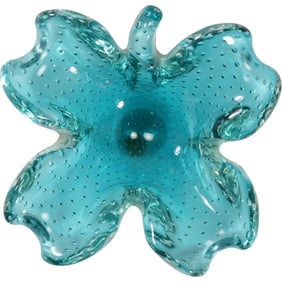 Turquoise Color Murano Art Glass 4-Leaf Clover Bowl with Controlled Bubbles 6.25 in. wide