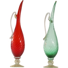 2 Balboa Italian Venetian Art Glass Ewers Red, Green, Hand Blown with Gold Flecks 15 in. height