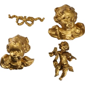 4 Pieces Italian Gold Gilt Wood Pair Wall Mount Cherub Faces, Cherub Figure, Decorative Bow