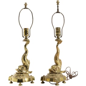Pair Antique Polished and Lacquered Bronze Baroque-style Dolphin Figural Lamps 21 in. height