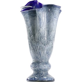 Large Krosno Josephina Art Glass Handkerchief Cased Glass Vase Cobalt Blue Interior and Light Lacy