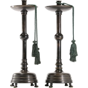 PAIR OF TALL MEDIEVAL STYLE PATINATED BRONZE CANDLE Holders 18 inches height
