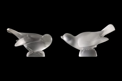 2 Signed LALIQUE FRANCE Frosted Glass Sparrow Bird Figurine Paperweights