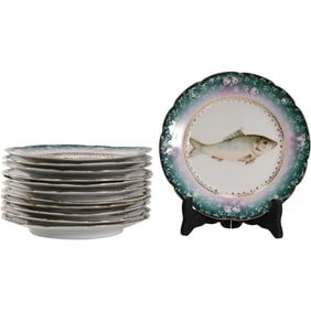 Antique 19th C. Set of 12 FISH PLATES, S&S Carlsbad Austria, 8.25 in. diameter