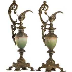 2 Victorian Metal Ewers in Original Patina, Mantle Garnitures 17 in. height x 5.5 in. wide