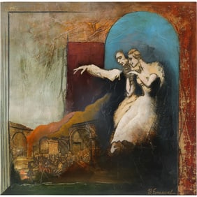 Babak Emanuel, Iranian-American, Serigraph Couple in foreground and outdoor scene in background