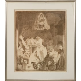 Framed Jewish - Judaica Lithograph with Figures, Artist Signed, Titled and Numbered #15/17
