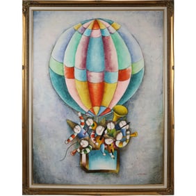 Joyce Roybal Oil Canvas Art Signed Framed Musicians Hot Air Balloon Whimsical, Framed
