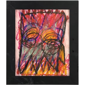 Wayne Cunningham, American, Crayon Drawing Abstract Grotesque Face, Signed, Framed.