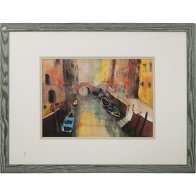 Artist Signed Illegible, Watercolor Painting Venice Canal Scene with Boats, Framed
