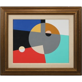 Mid-Century Modern Abstract Circle and Shapes Oil on Board Painting, Unsigned, Framed