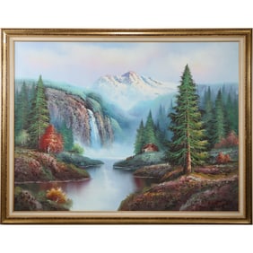 Signed K White, 20th C. Oil on Canvas Painting Rocky Mountains Landscape