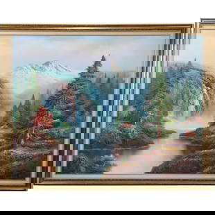 Signed K White, 20th C. Oil on Canvas Painting Rocky Mountains Landscape: Signed K White, 20th C. Oil on Canvas Painting Rocky Mountains Landscape. size: 36 x 48 , outside of frame: 41 x 53