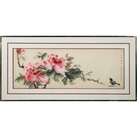 Quality Chinese Watercolor of Pink Flowers with a Bird, Signed, Framed 22 in. x 45 in.