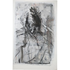 Quality French School Mixed Media Abstract on Paper Mounted on Canvas 48 in. x 30 in., Signed