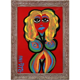 Thomas Pulgini, American, Pop-Art Abstract Oil on Board Painting, Nude Woman Portrait, Signed
