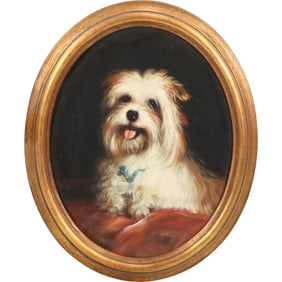 after Thomas Earl, YORKIE DOG ON A RED PILLOW Oval Oil on Board Painting Unsigned, Framed