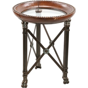 Maitland Smith Directoire Style Side Table Leather Top Rim with Round Glass 20 in. dia.